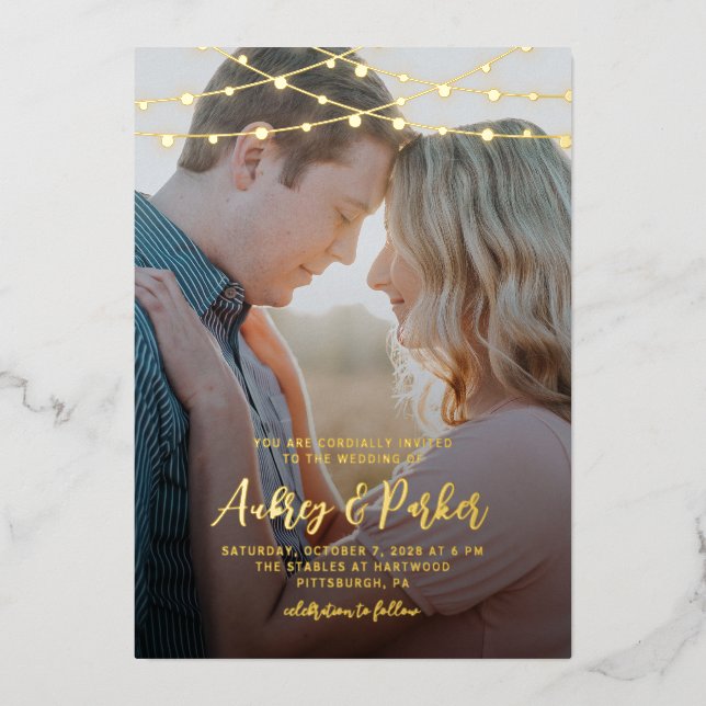 String Lights REAL FOIL Photo Wedding Invitation (Front)