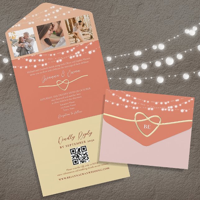 String Lights Retro Peach Wedding QR Code All In One Invitation (Creator Uploaded)