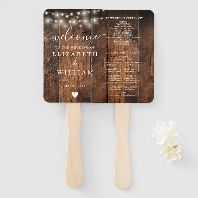 String Lights Rustic Barn Wood Wedding Program Hand Fan (Front and Back)