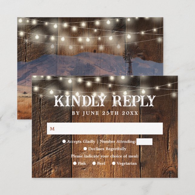 String Lights Rustic Barn Wood Western Wedding RSVP Card (Front/Back)