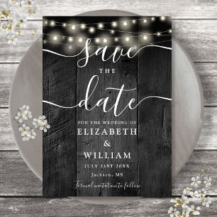 String Lights Rustic Black Wood Barn Boho Wedding Save The Date
