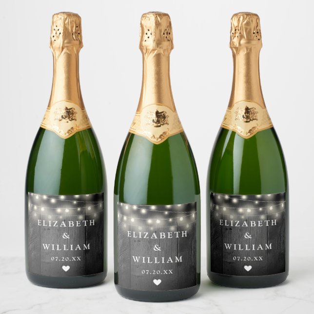 String Lights Rustic Black Wood Boho Barn Wedding Sparkling Wine Label (Bottles)