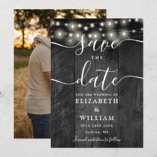 String Lights Rustic Black Wood Photo Wedding Save The Date