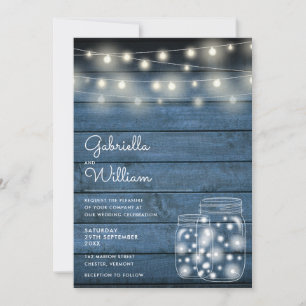 String Lights Rustic Blue Wood Mason Jar Wedding Invitation