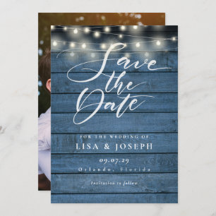 String Lights Rustic Blue Wood Photo Wedding Save The Date