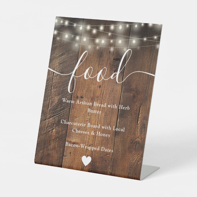 String Lights Rustic Boho Barn Wood Food Menu Pedestal Sign (Front)
