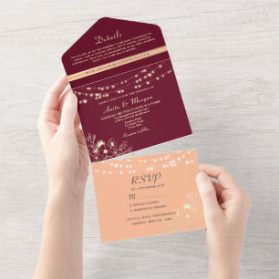 String Lights Rustic Burgundy Peach Wedding All In One Invitation