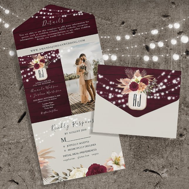 String Lights Rustic Burgundy Wedding All In One Invitation (Creator Uploaded)