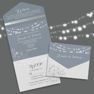 String Lights Rustic Dusty Blue Wedding All In One Invitation