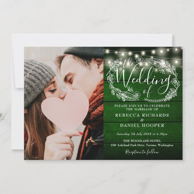 String Lights Rustic Green Wood Photo Wedding Invitation (Front)