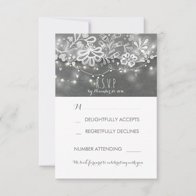 String Lights  Rustic Lace Chalk Wedding RSVP Card (Front)