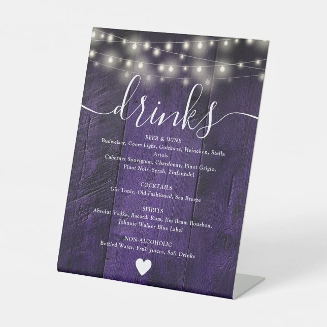 String Lights Rustic Purple Barn Wood Drinks Menu Pedestal Sign (Front)