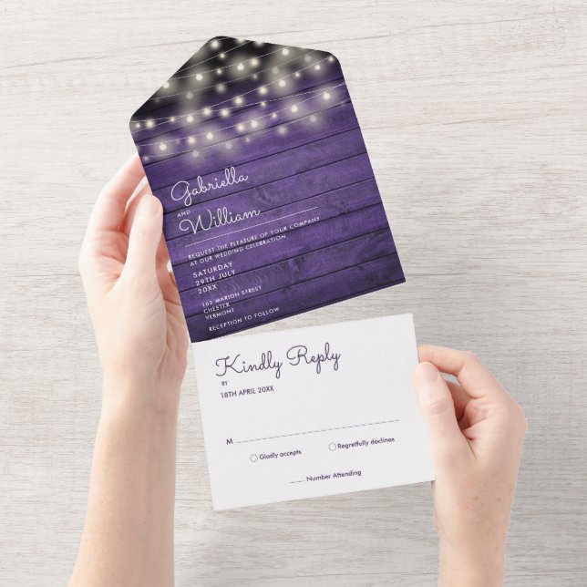 String Lights Rustic Purple Wood Monogram Wedding All In One Invitation (Tearaway)