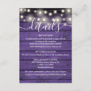 String Lights Rustic Purple Wood Wedding Details Enclosure Card