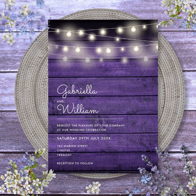 String Lights Rustic Purple Wood Wedding Invitation (String Lights Rustic Purple Wood Wedding Invitation)
