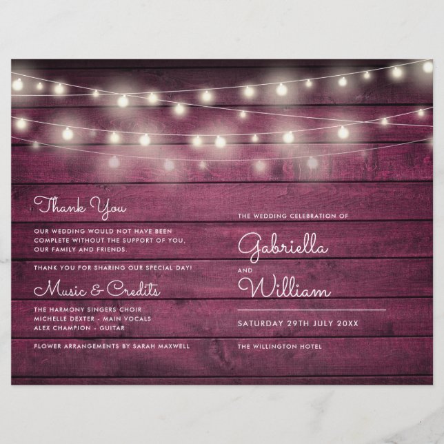 String Lights Rustic Red Wood Wedding Program (Front)