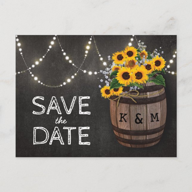 String Lights Rustic Sunflower Save the Date Announcement Postcard (Front)