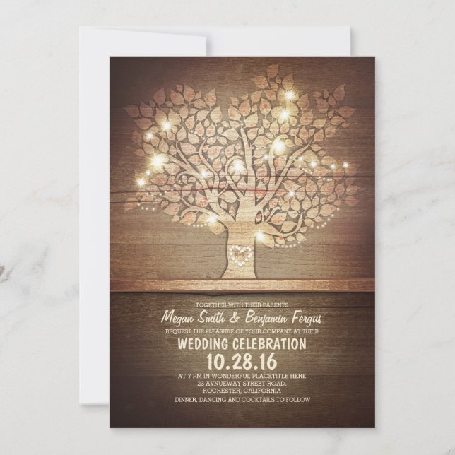 String lights & rustic tree wedding invitations (Front)