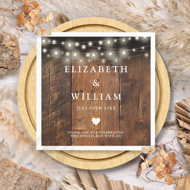 String Lights Rustic Wood Boho Barn Wedding Napkin (String Lights Rustic Wood Boho Barn Wedding Napkins)
