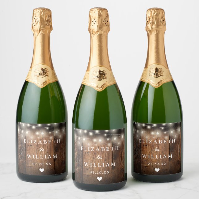 String Lights Rustic Wood Boho Barn Wedding Sparkling Wine Label (Bottles)
