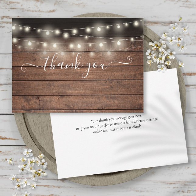 String Lights Rustic Wood Elegant Script Thank You Card (String Lights Rustic Wood Elegant Script Thank You Card)