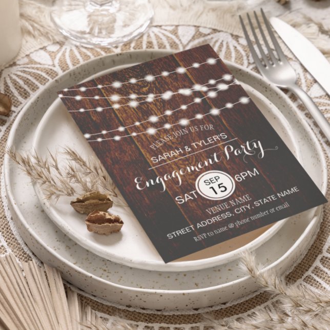 String Lights Rustic Wood Engagement Party Invites (Creator Uploaded)