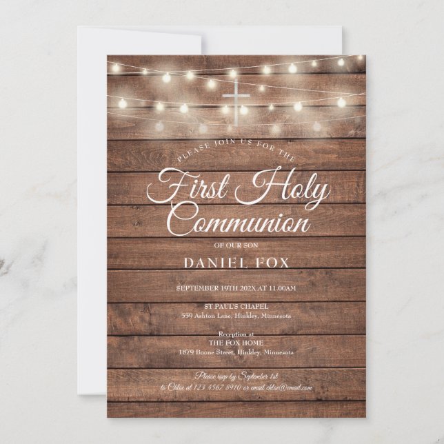 String Lights Rustic Wood First Holy Communion Invitation (Front)