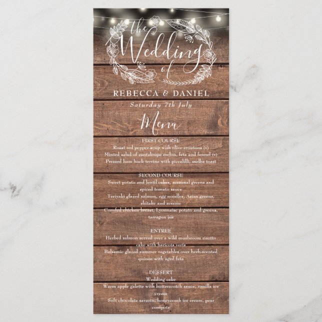 String Lights Rustic Wood Floral Wedding Menu (Front)