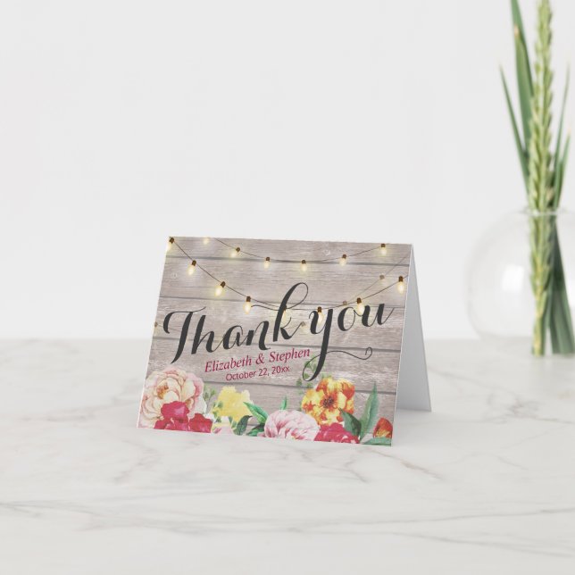 String Lights Rustic Wood Floral Wedding Thank You Card (Front)