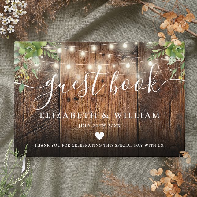 String Lights Rustic  Wood Greenery Wedding Guest Book (String Lights Rustic Wood Greenery Wedding Guest Book)