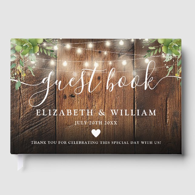 String Lights Rustic  Wood Greenery Wedding Guest Book (Front)