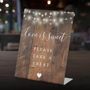 String Lights Rustic Wood Love Is Sweet Favor  Pedestal Sign