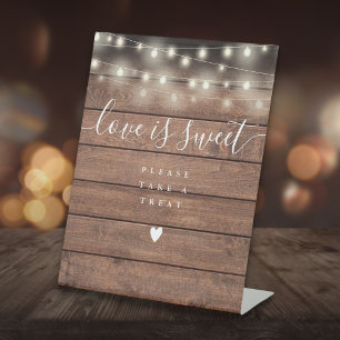 String Lights Rustic Wood Love Is Sweet Favour  Pedestal Sign
