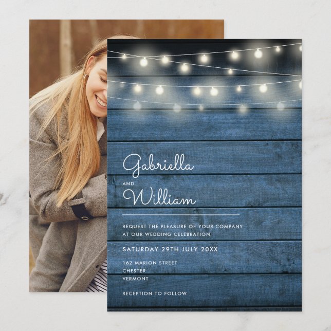 String Lights Rustic Wood Navy Blue Photo Wedding Invitation (Front/Back)