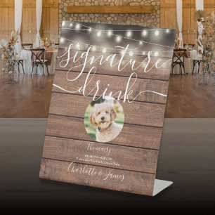 String Lights Rustic Wood Pet Signature Drink  Pedestal Sign