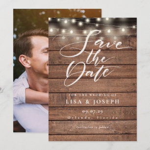 String Lights Rustic Wood Script Photo Wedding Save The Date