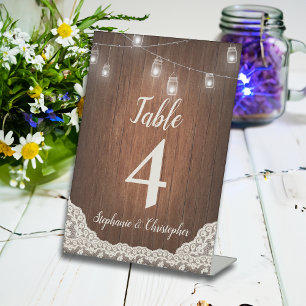 String Lights Rustic Wood Script Table Number Pedestal Sign