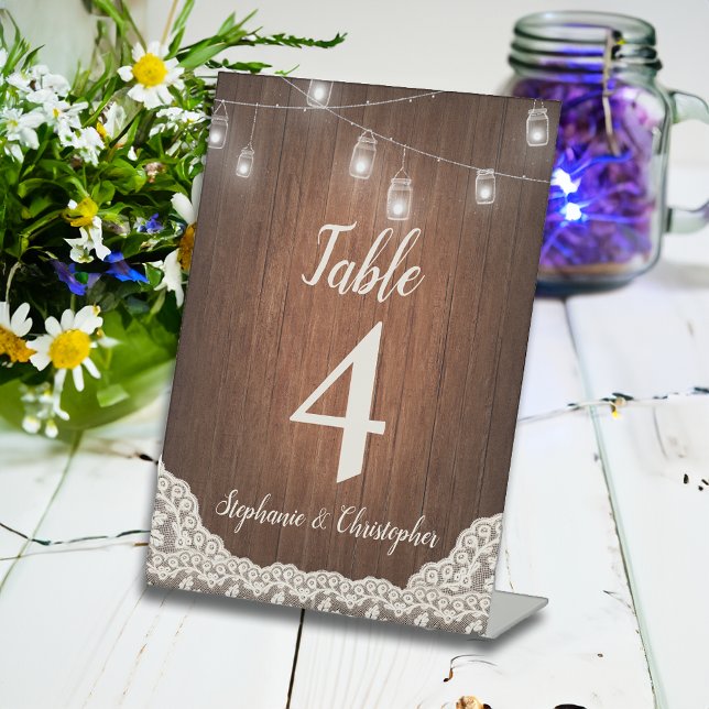 String Lights Rustic Wood Script Table Number Pedestal Sign (vintage country wedding table number sign)