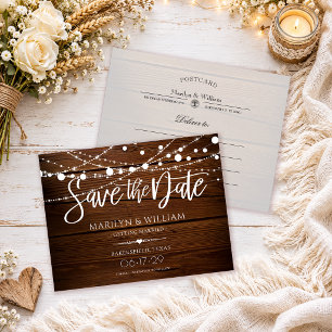 String Lights Rustic Wood Wedding Save The Date Announcement Postcard