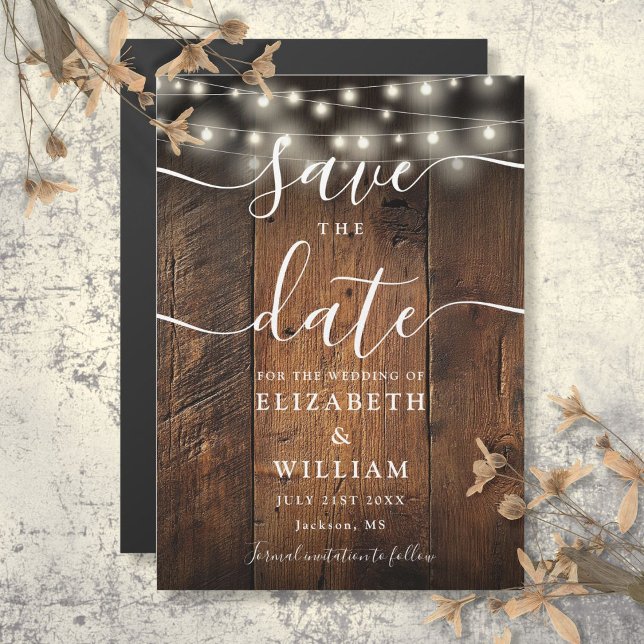 String Lights Rustic Wood Wedding Save The Date Magnetic Invitation (String Lights Rustic Wood Wedding Save The Date Magnetic Invitation)