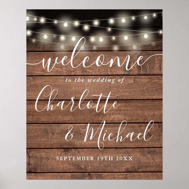String Lights Rustic Wood Wedding Welcome Sign (Front)