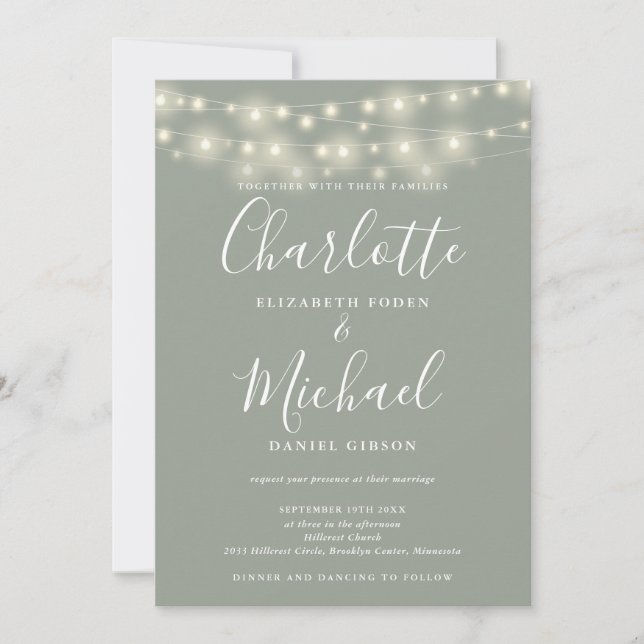 String Lights Sage Green All In One Simple Wedding Invitation (Front)