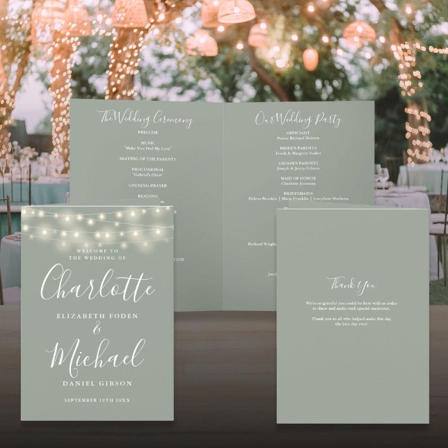 String Lights Sage Green Elegant Script Wedding Programme (String Lights Sage Green Elegant Script Wedding Program)