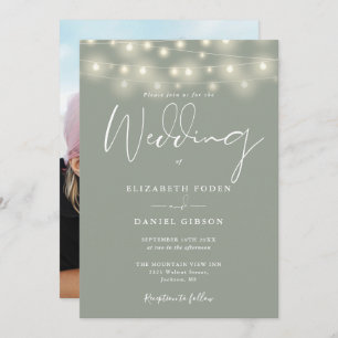 String Lights Sage Green Photo Wedding Invitation