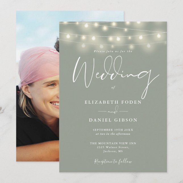 String Lights Sage Green Photo Wedding Invitation (Front/Back)