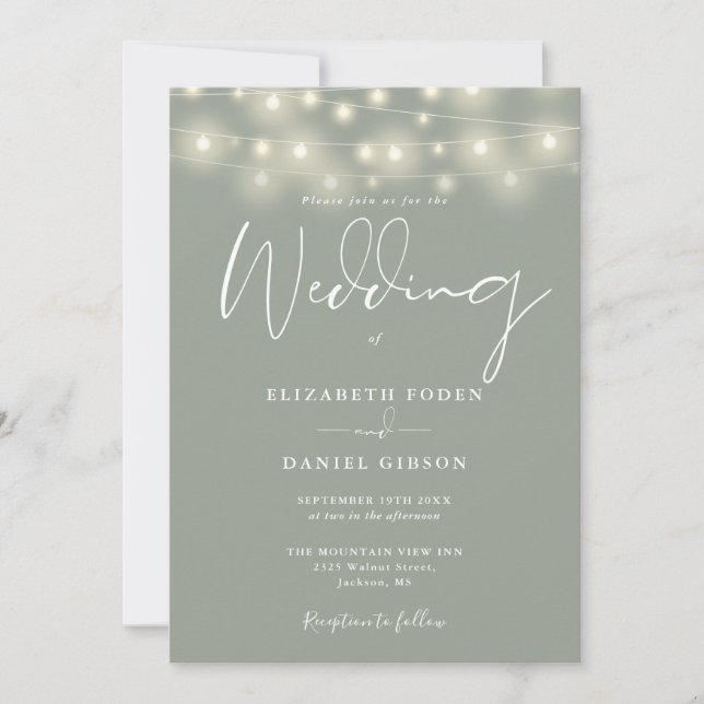 String Lights Sage Green QR Code Wedding Invitation (Front)