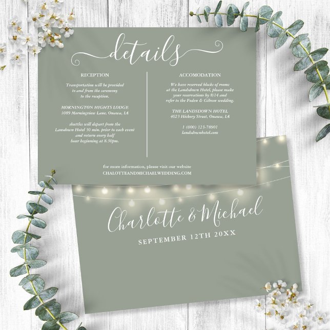 String Lights Sage Green Wedding Details Info Invitation (String Lights Sage Green Wedding Details Info Invitation)