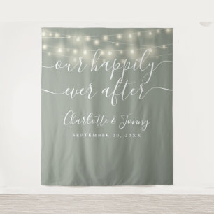 String Lights Sage Green Wedding Photo Backdrop Tapestry