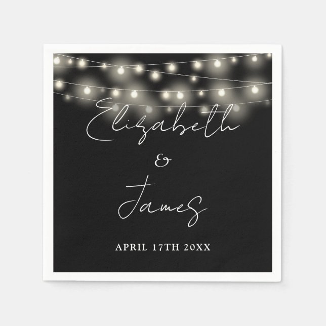 String Lights Script Black And White Wedding Napkin (Front)