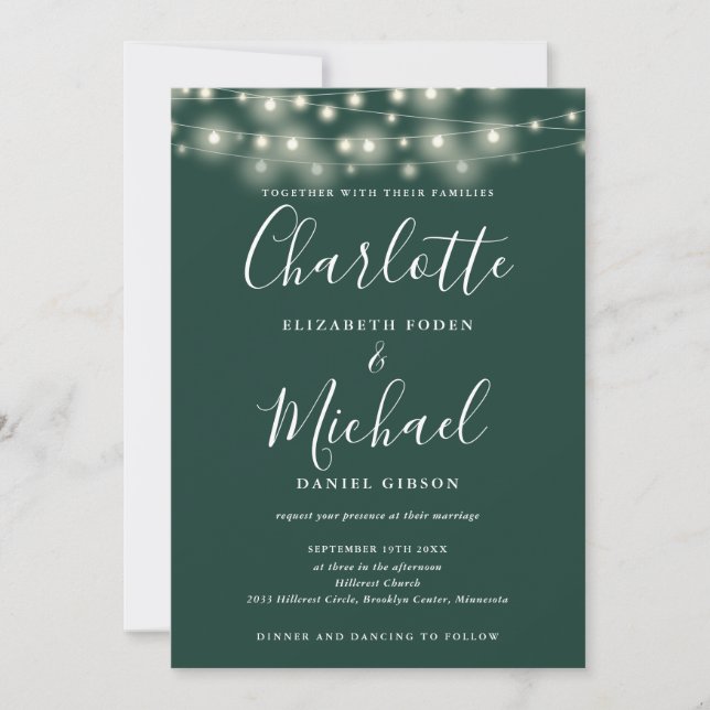 String Lights Script Emerald Green QR Code Wedding Invitation (Front)